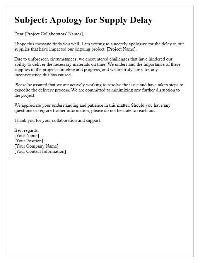 Letter template of Supplier Delay Apology for Project Collaborators