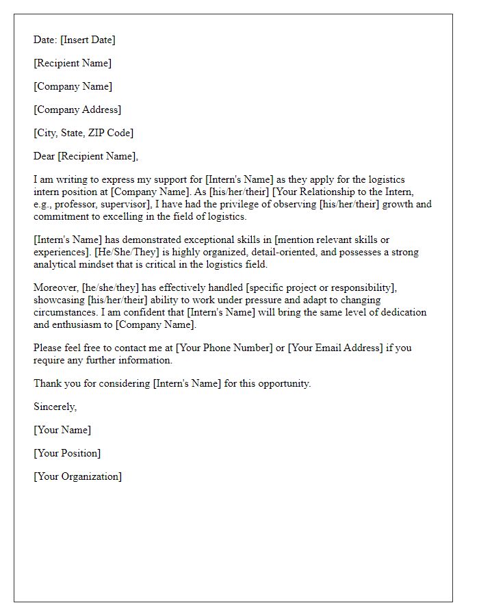 Letter template of support for logistics intern application