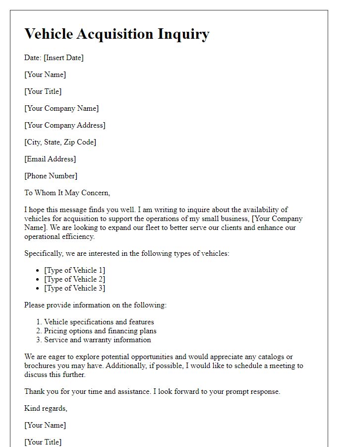 Letter template of vehicle acquisition inquiry for small business operations.