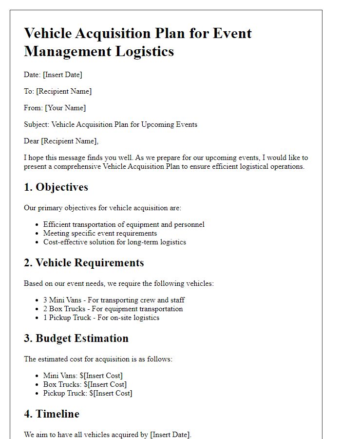 Letter template of vehicle acquisition plan for event management logistics.