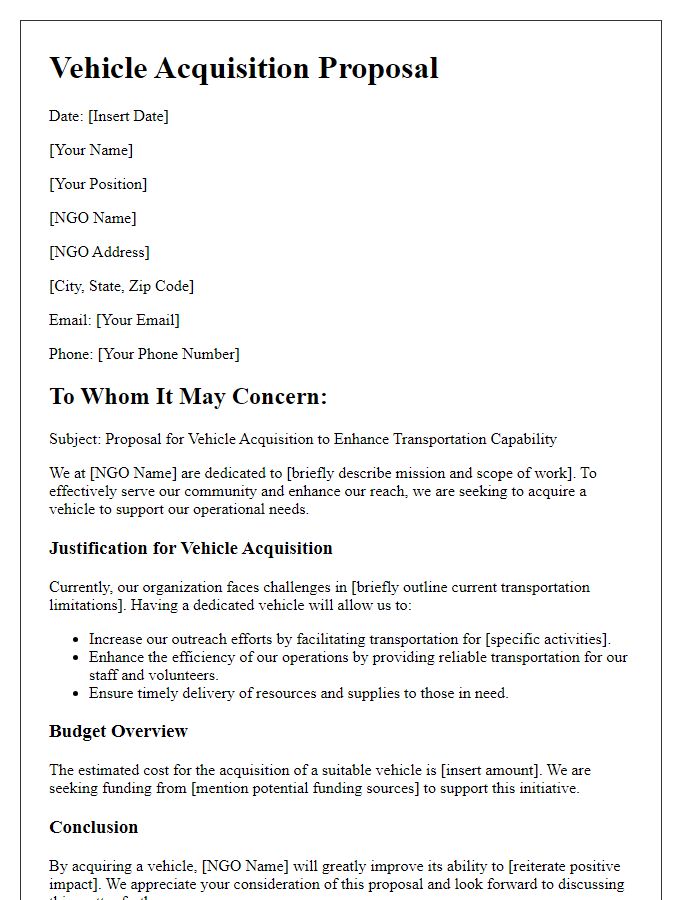 Letter template of vehicle acquisition proposal for NGO transportation needs.