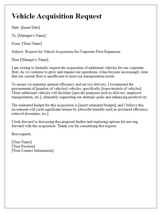 Letter template of vehicle acquisition request for corporate fleet expansion.