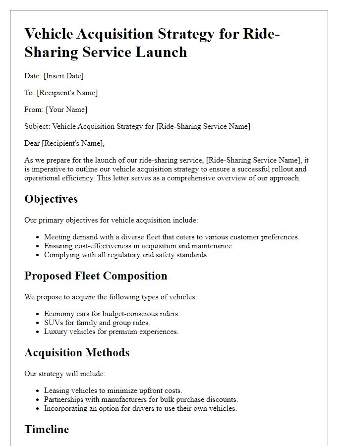 Letter template of vehicle acquisition strategy for ride-sharing service launch.