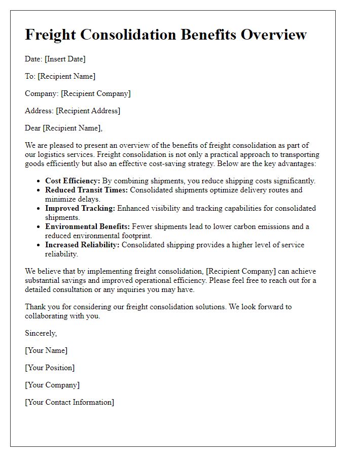 Letter template of freight consolidation benefits overview.