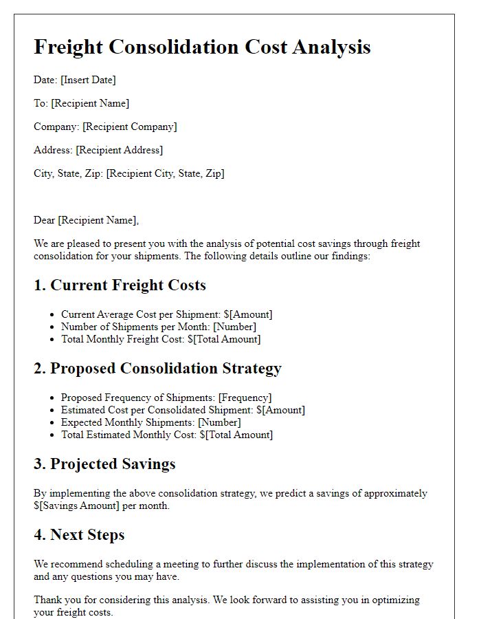 Letter template of freight consolidation cost analysis.