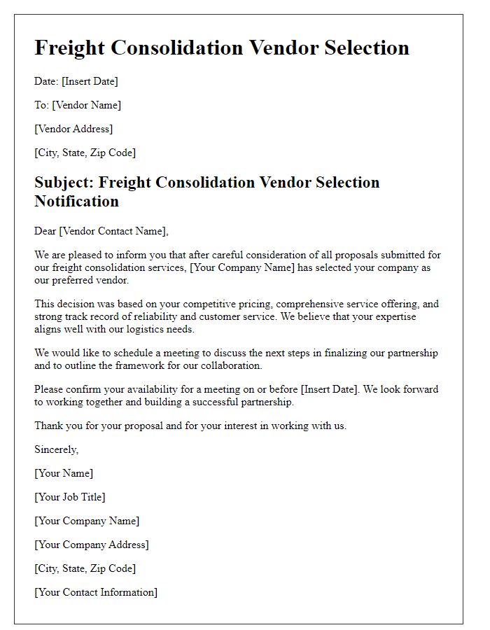 Letter template of freight consolidation vendor selection.