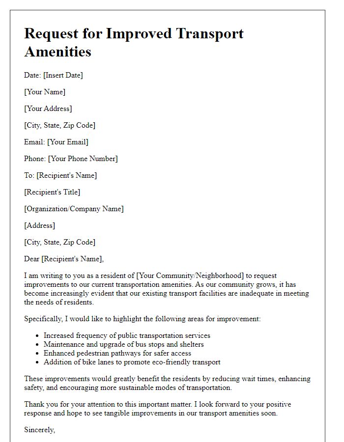 Letter template of request for improved transport amenities