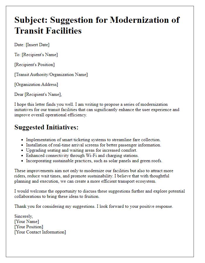 Letter template of transit facilities modernization suggestion