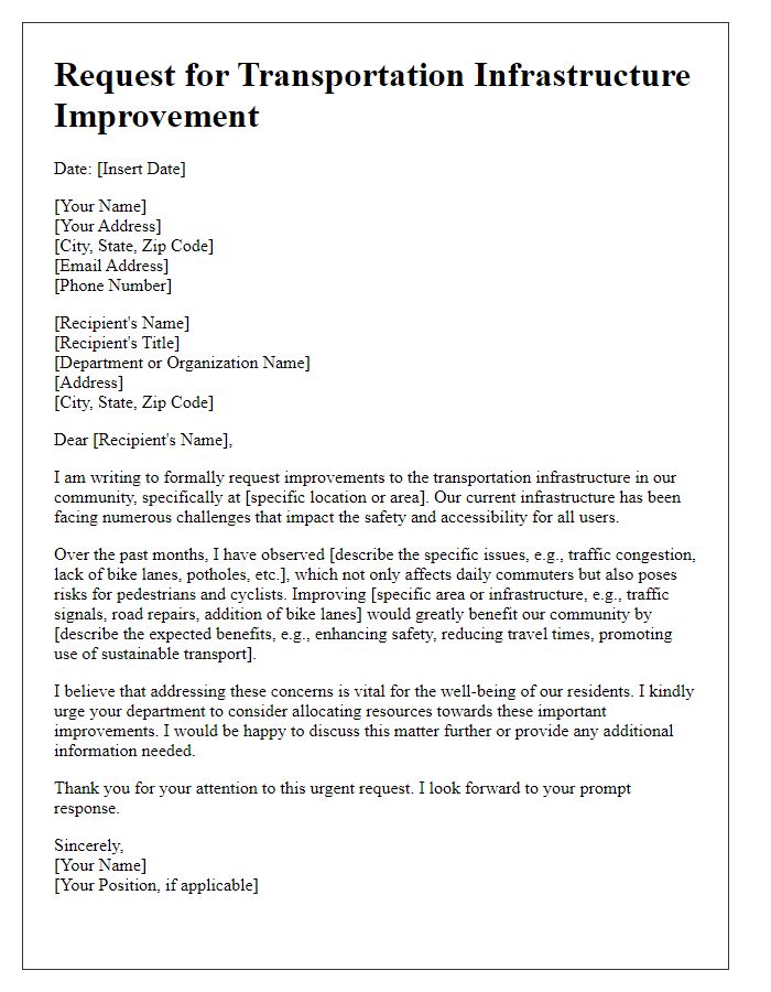 Letter template of transportation infrastructure improvement request