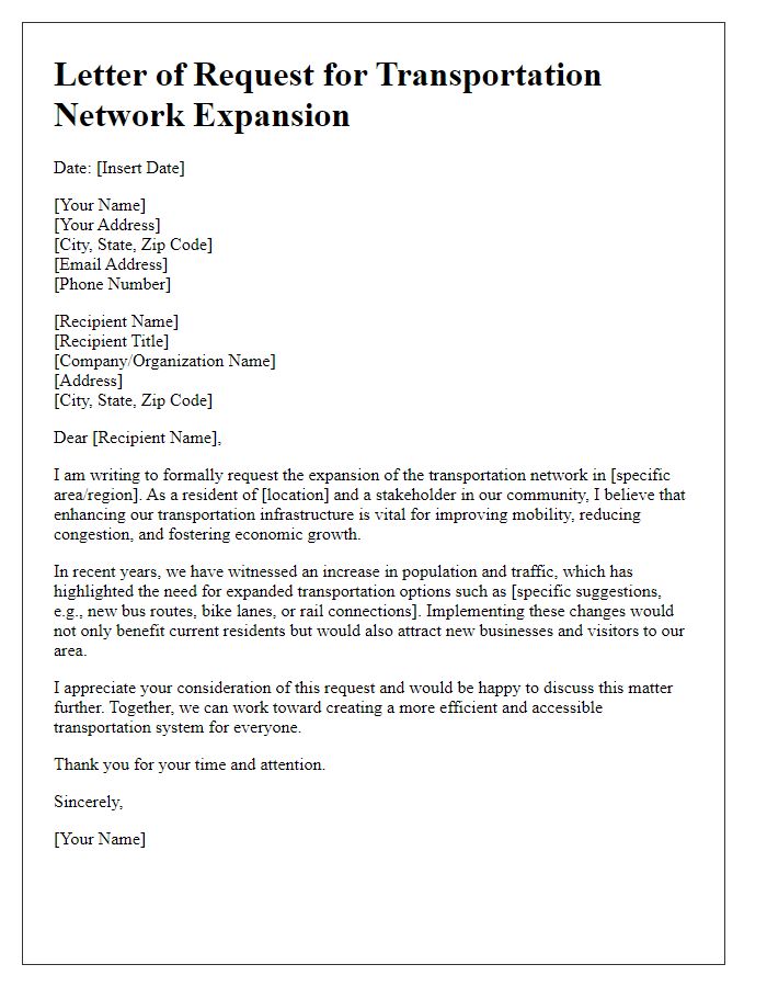 Letter template of transportation network expansion request