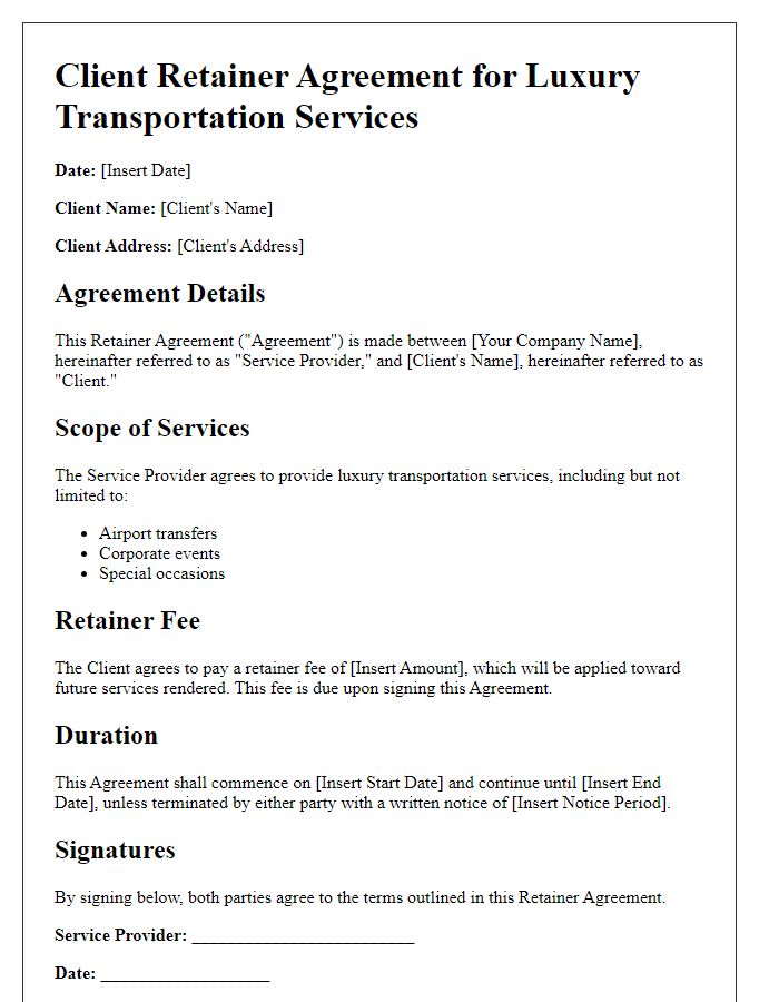 Letter template of client retainer for luxury transportation services