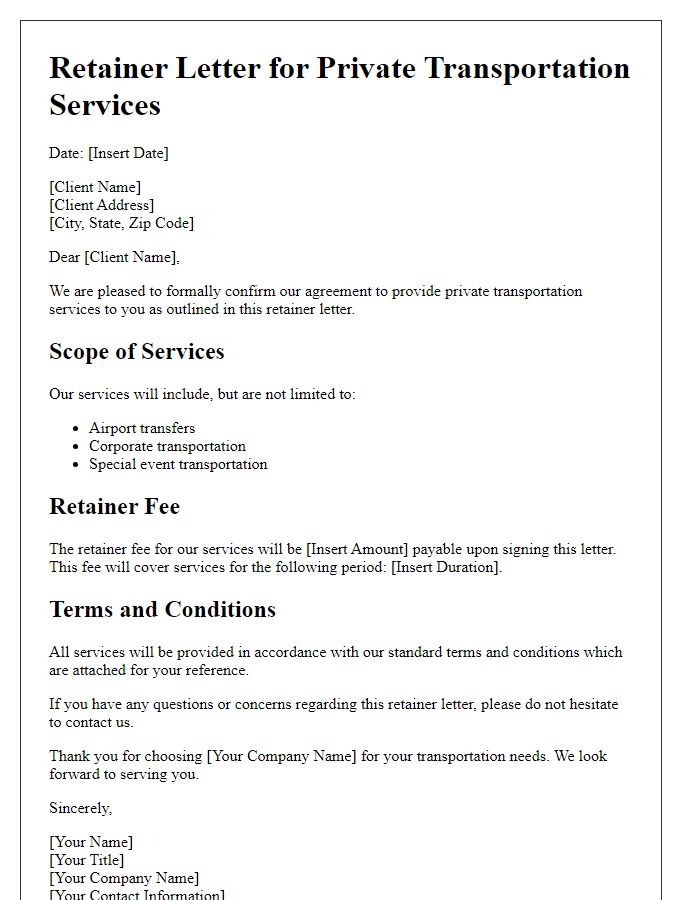 Letter template of retainer letter for private transportation services