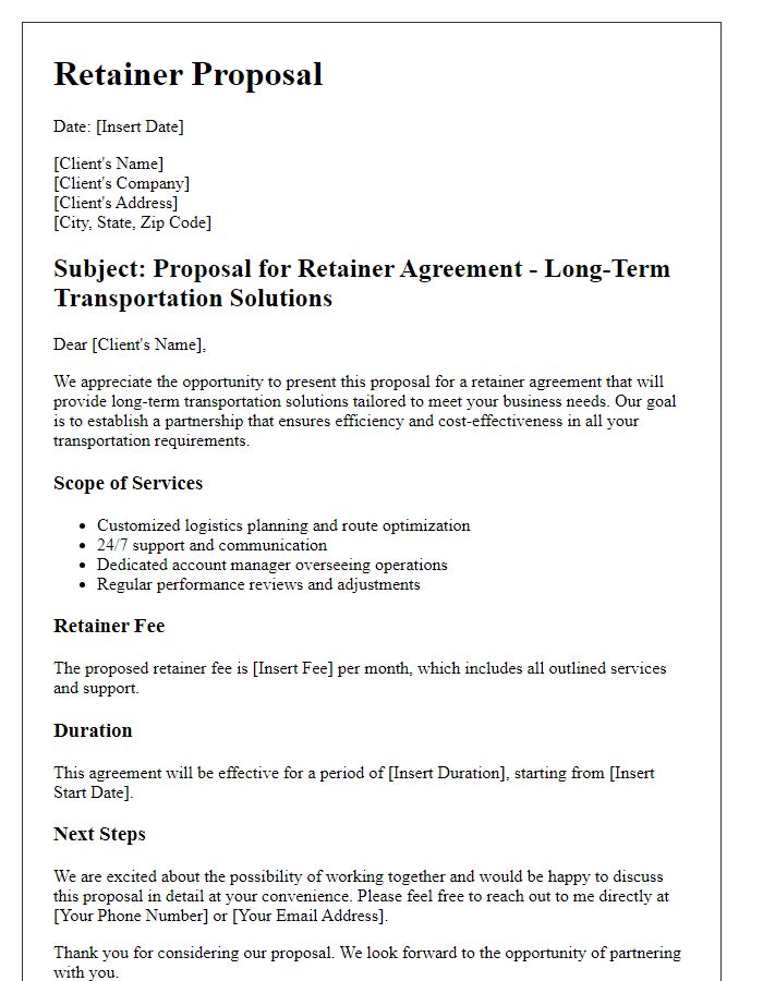 Letter template of retainer proposal for long-term transportation solutions