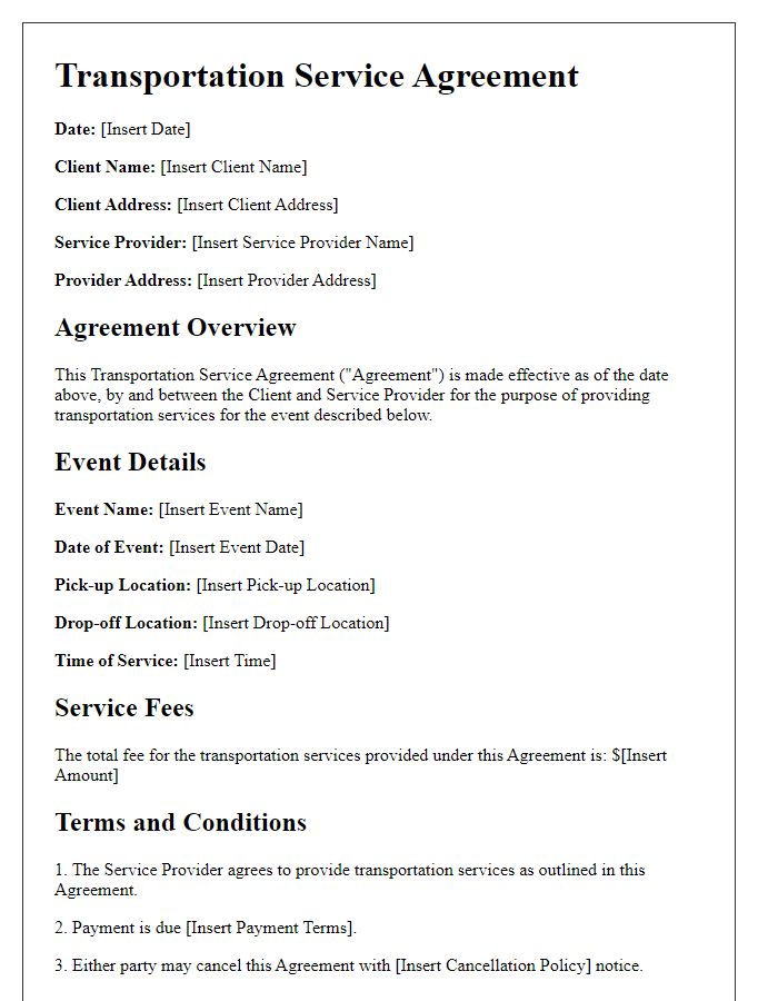 Letter template of transportation service agreement for event planning