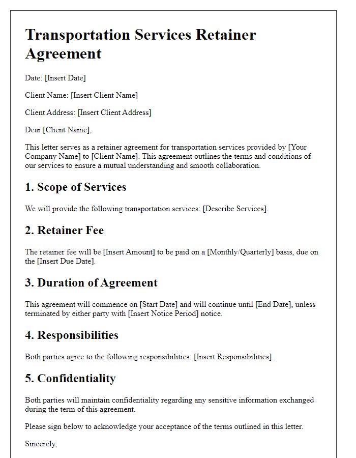 Letter template of transportation services retainer agreement for corporate clients