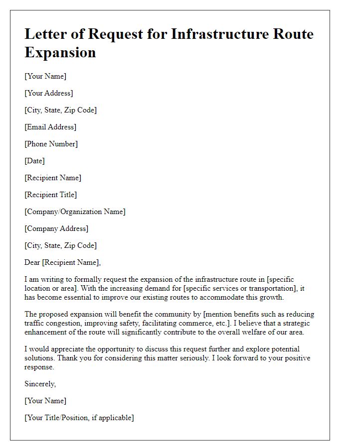 Letter template of formal request for infrastructure route expansion.