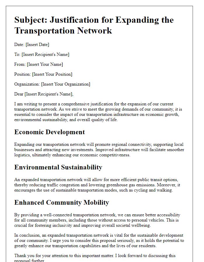 Letter template of justification for expanding transportation network.