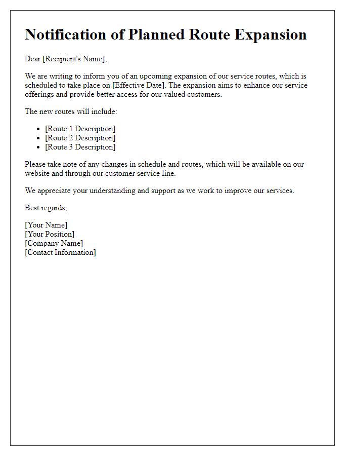 Letter template of notification for planned route expansion.