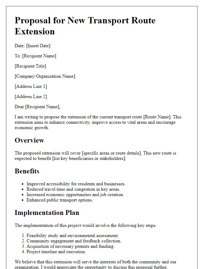 Letter template of proposal for new transport route extension.