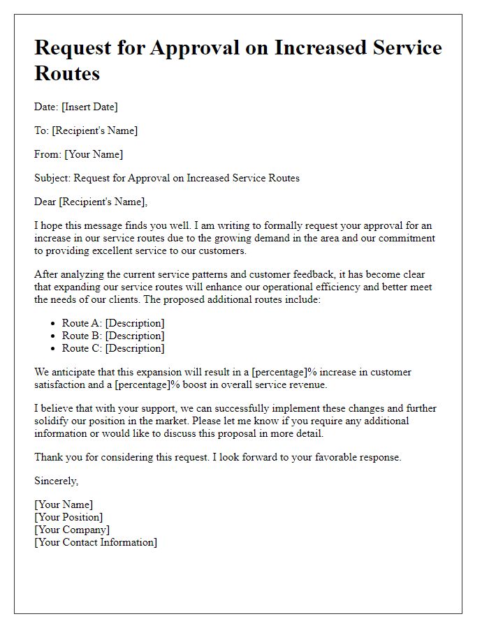 Letter template of request for approval on increased service routes.