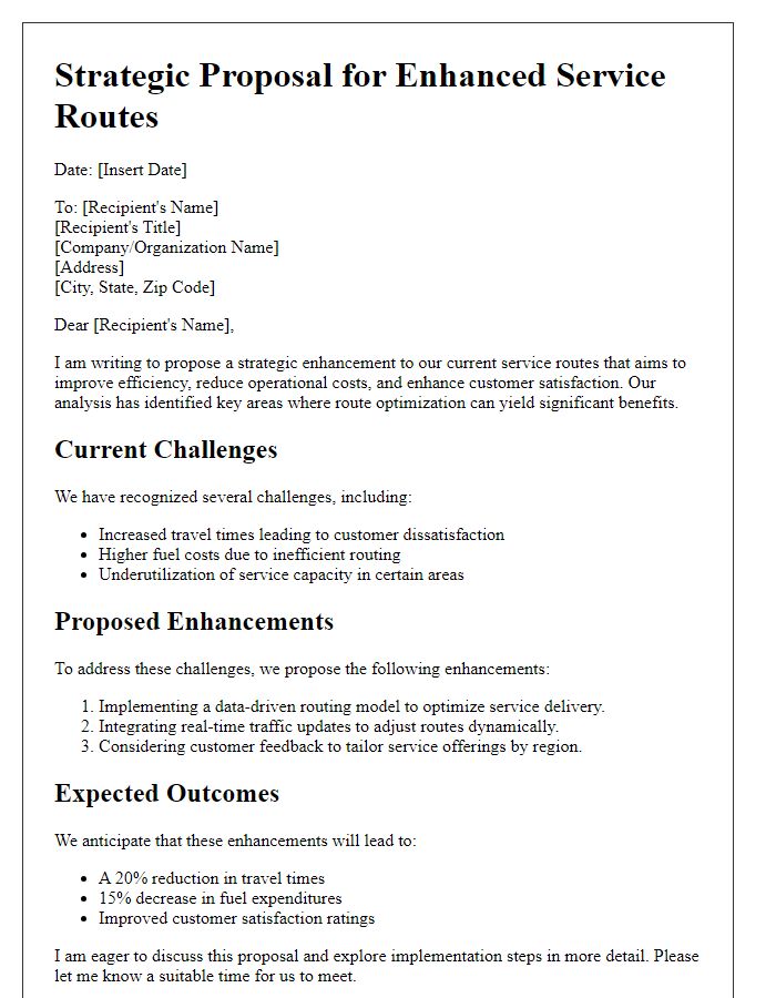 Letter template of strategic proposal for enhanced service routes.