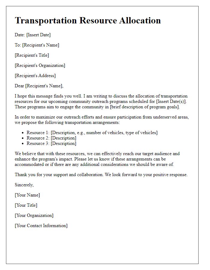 Letter template of transportation resource allocation for community outreach programs