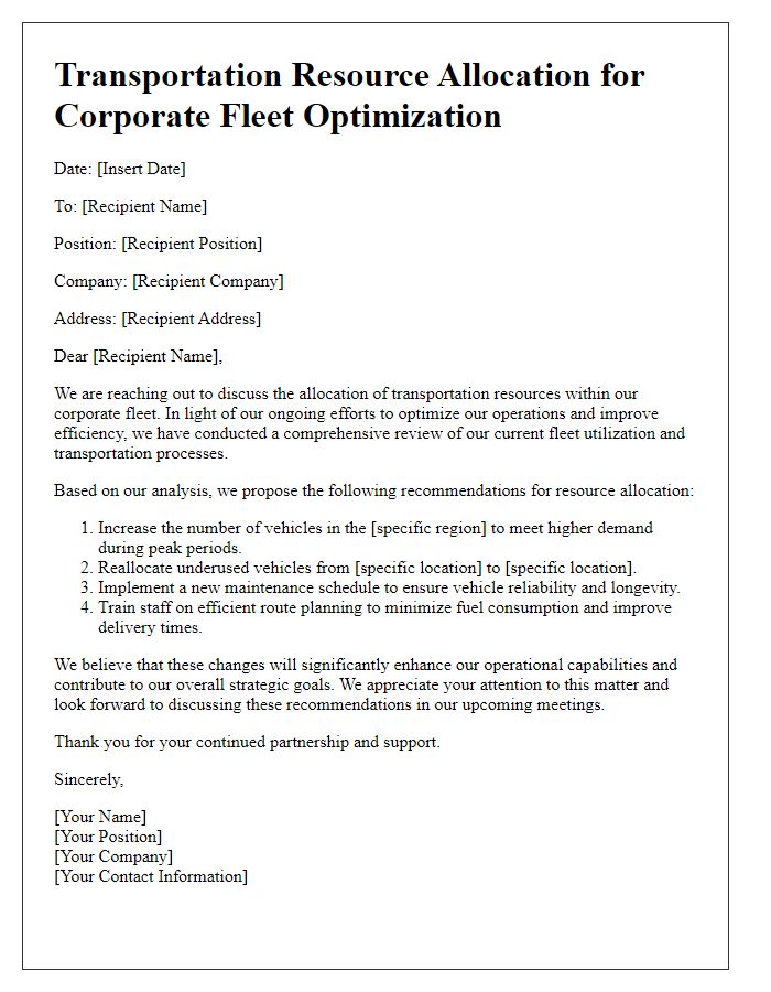 Letter template of transportation resource allocation for corporate fleet optimization