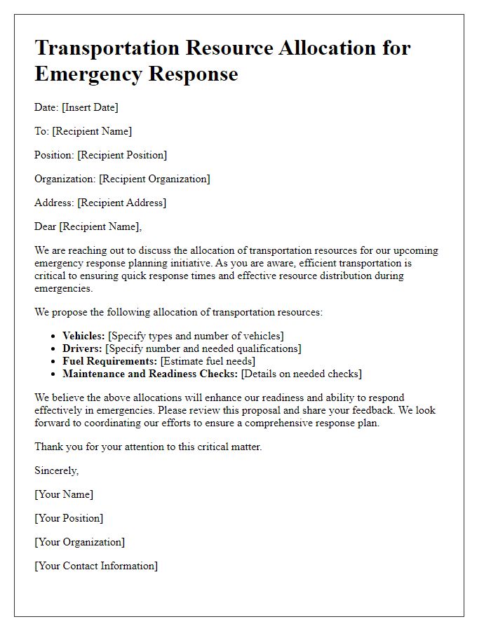 Letter template of transportation resource allocation for emergency response planning