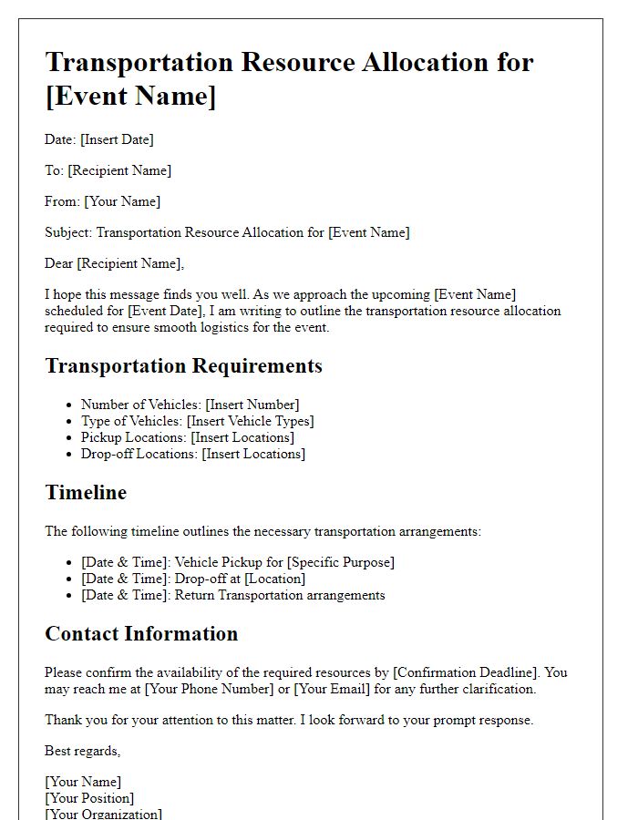 Letter template of transportation resource allocation for event planning logistics