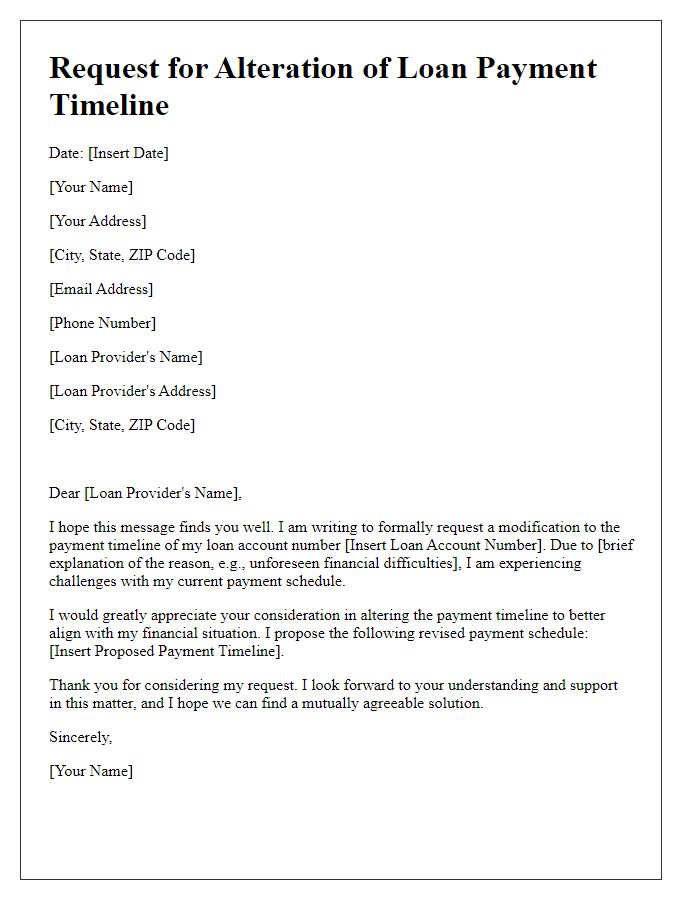 Letter template of application for loan payment timeline alteration.