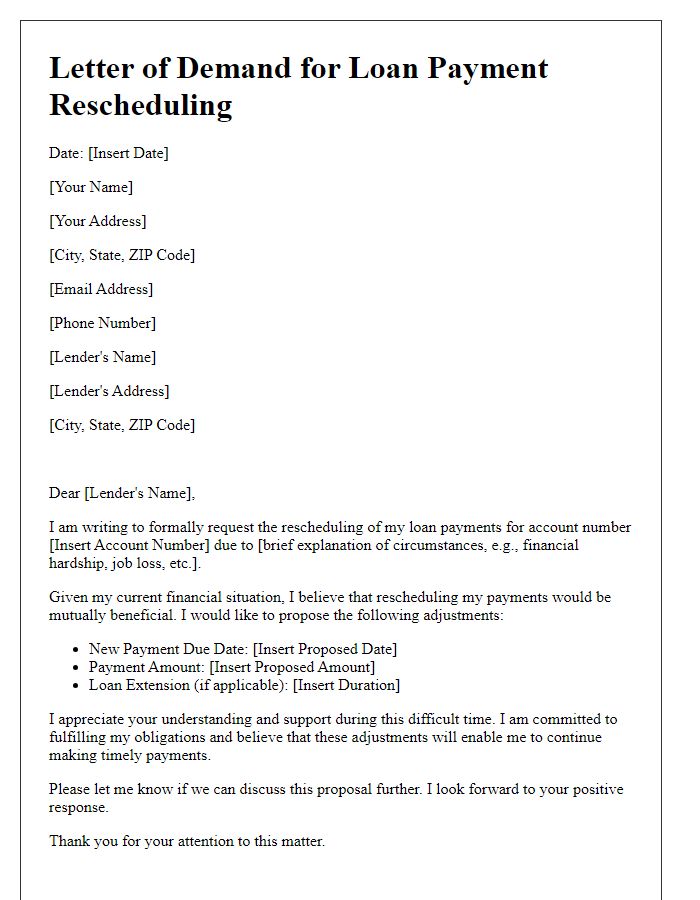 Letter template of demand for loan payment rescheduling.