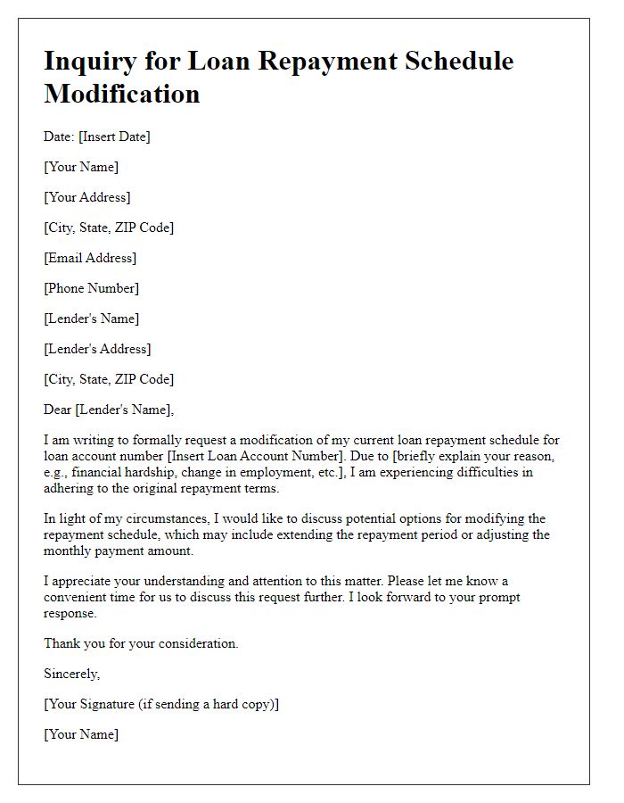 Letter template of inquiry for loan repayment schedule modification.