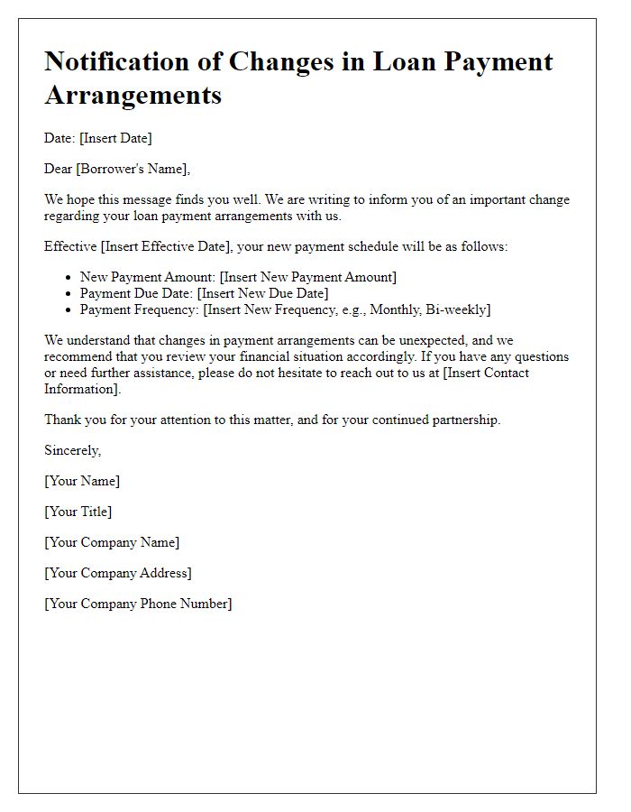 Letter template of notification for changes in loan payment arrangements.