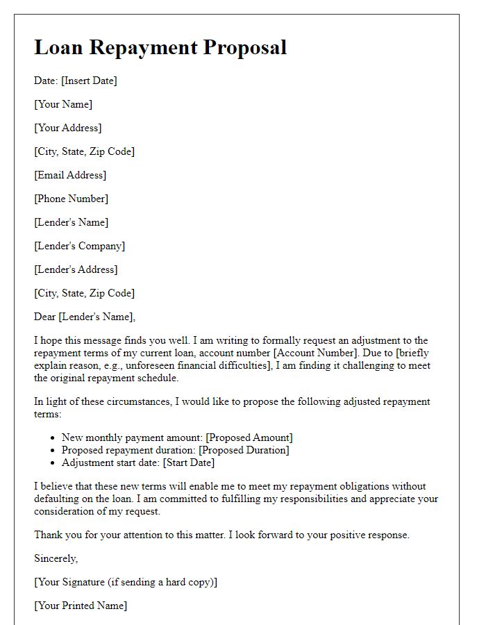 Letter template of proposal for adjusted loan repayment terms.