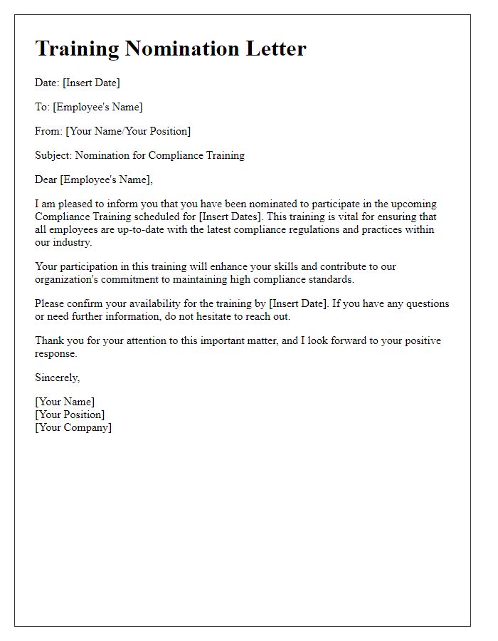 Letter template of employee training nomination for compliance training