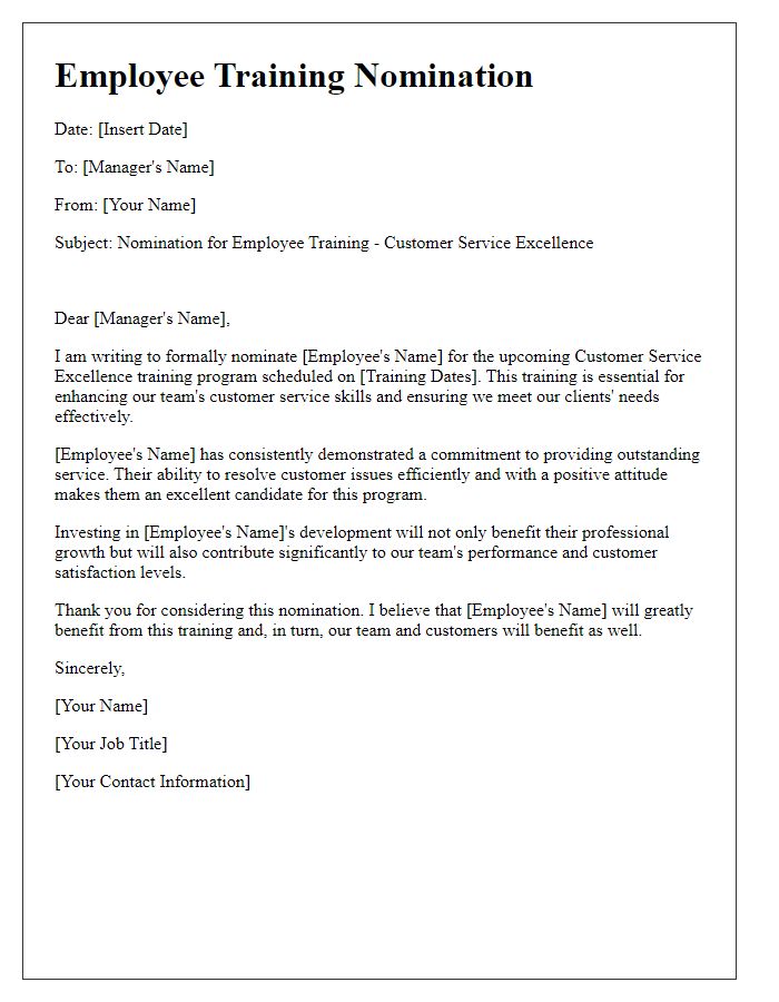 Letter template of employee training nomination for customer service excellence