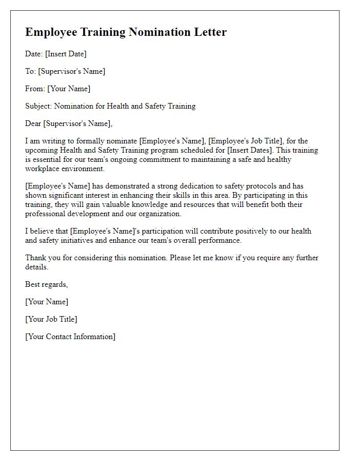 Letter template of employee training nomination for health and safety training