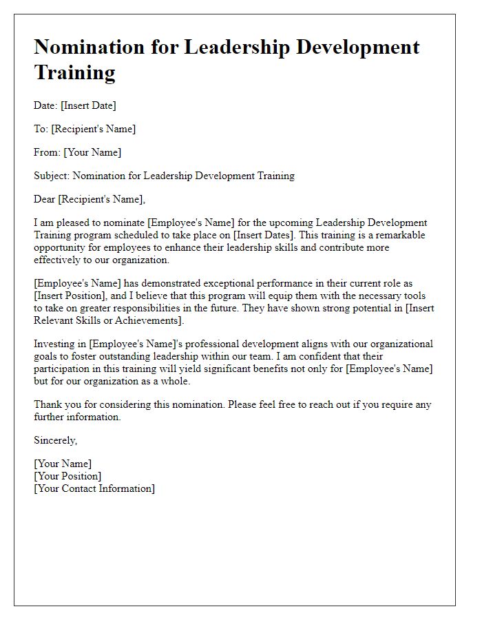 Letter template of employee training nomination for leadership development