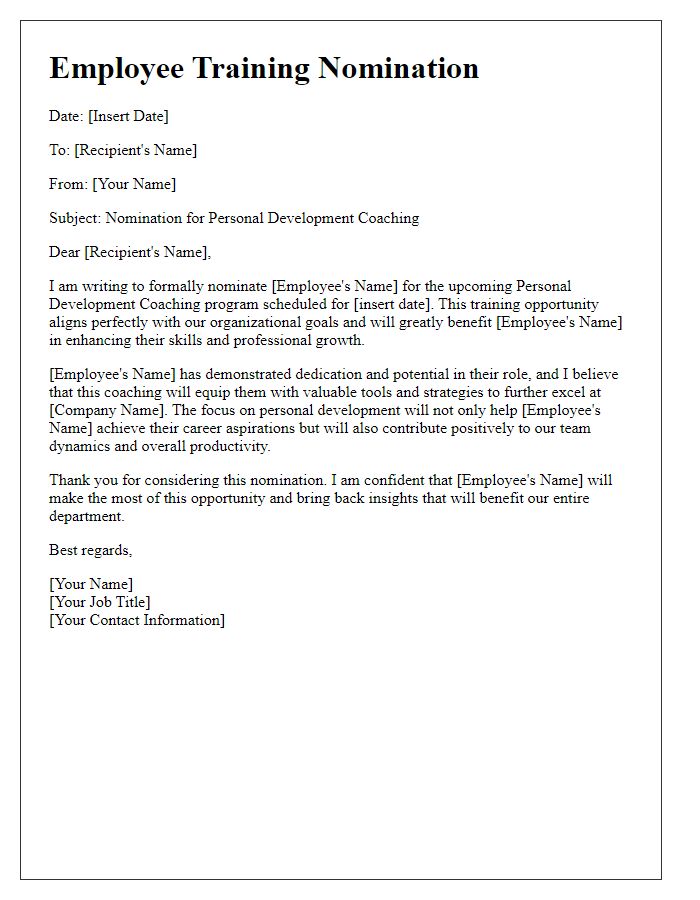 Letter template of employee training nomination for personal development coaching