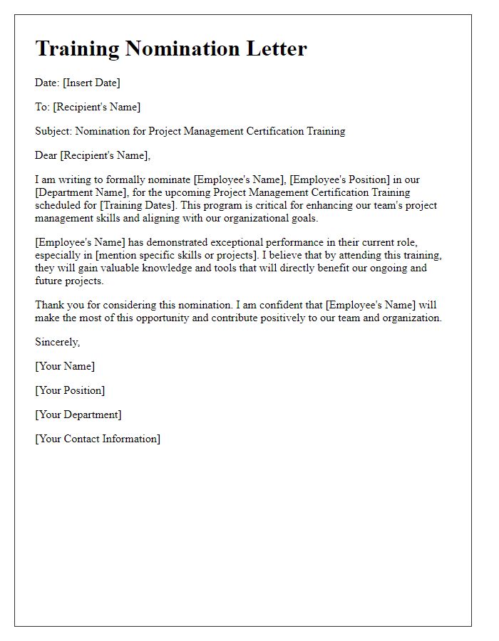 Letter template of employee training nomination for project management certification