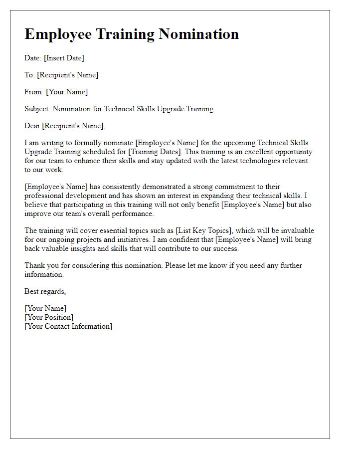 Letter template of employee training nomination for technical skills upgrade