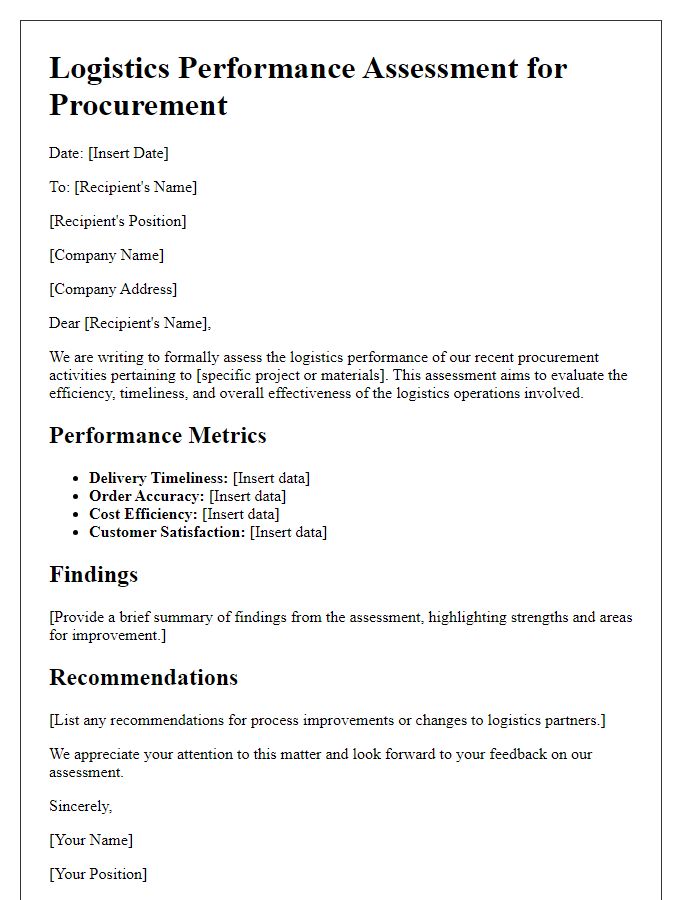 Letter template of logistics performance assessment for procurement