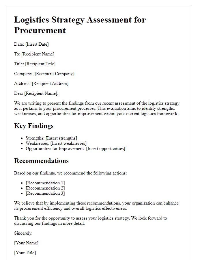 Letter template of logistics strategy assessment for procurement