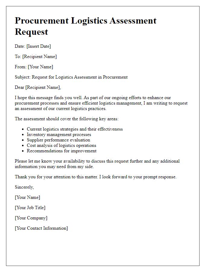 Letter template of procurement logistics assessment request