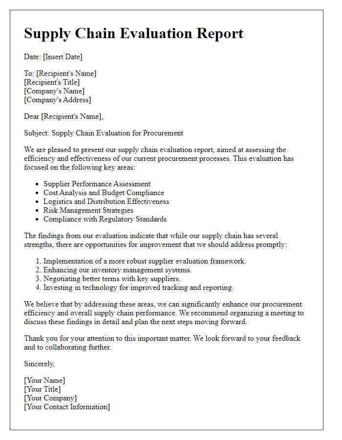 Letter template of supply chain evaluation for procurement