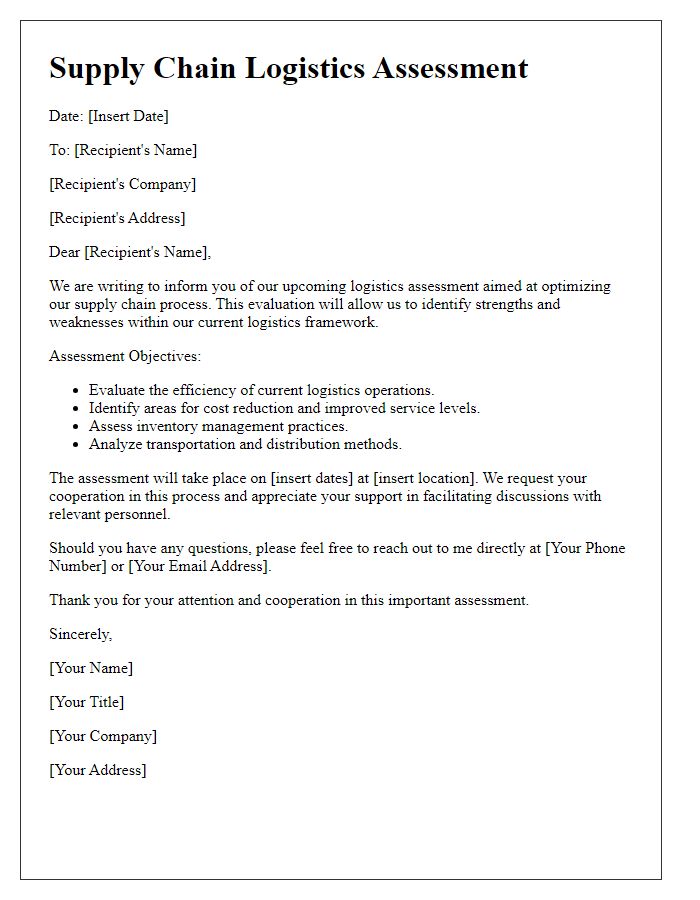 Letter template of supply chain logistics assessment