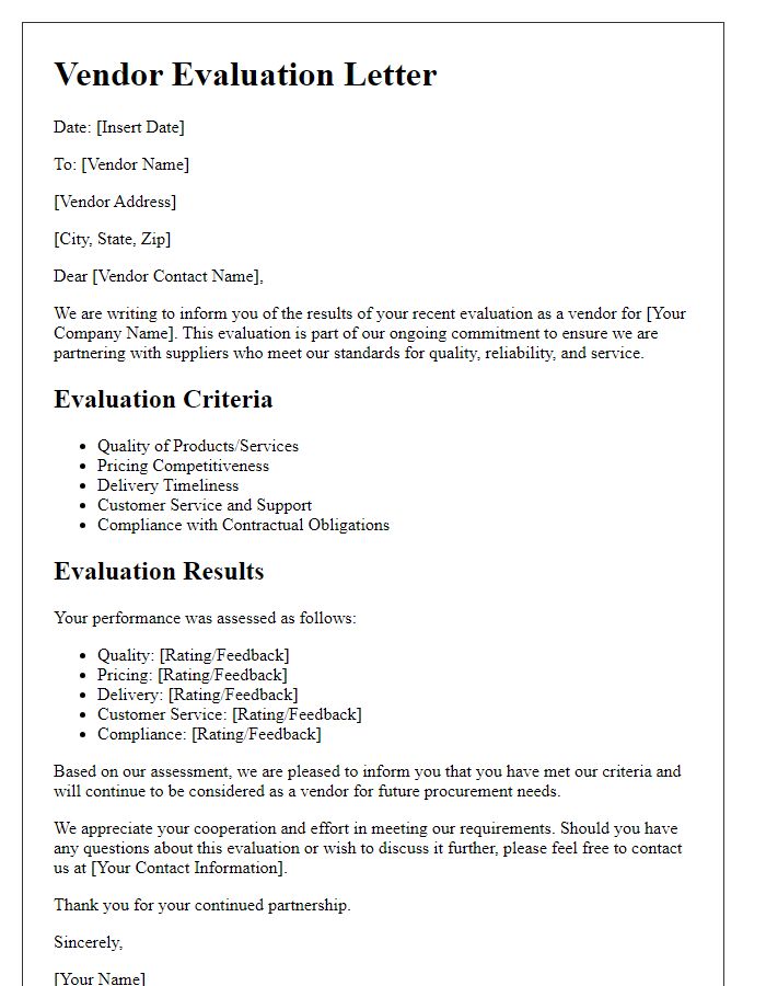 Letter template of vendor evaluation in procurement logistics