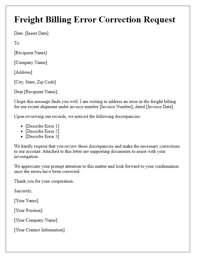 Letter template of freight billing error correction