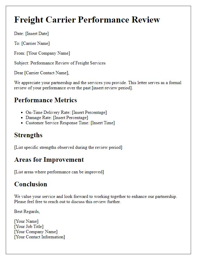 Letter template of freight carrier performance review