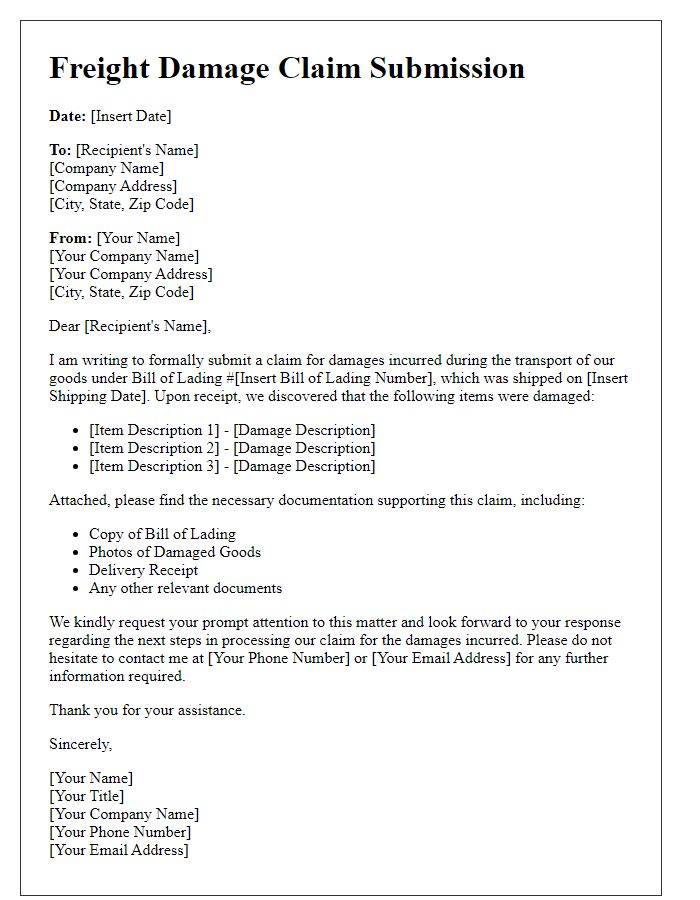 Letter template of freight damage claim submission